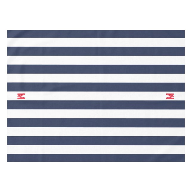 Navy Cabana Stripe & Personalized Red Monogram Tablecloth (Front (Horizontal))