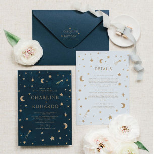 Navy Celestial Gold Stars Moon Elegant Wedding Invitation