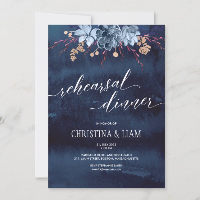 Navy Chalkboard Floral Rehearsal Dinner Invitation (Front)