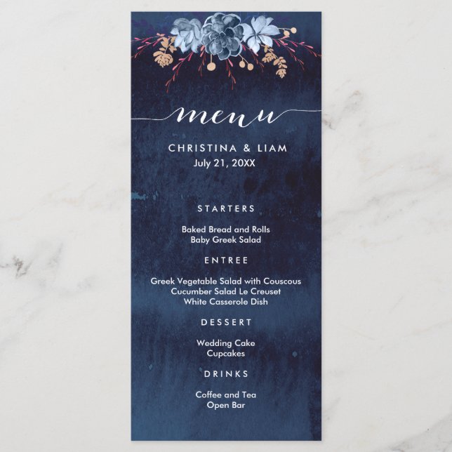 Navy Chalkboard Floral Wedding Menu Card (Front)