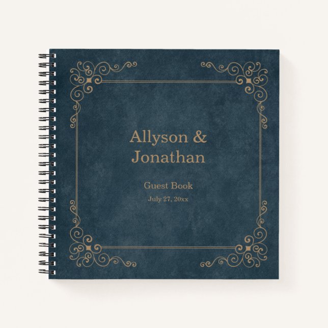 Navy Chalkboard Ornate Tan Swirls Guest Book | (Front)