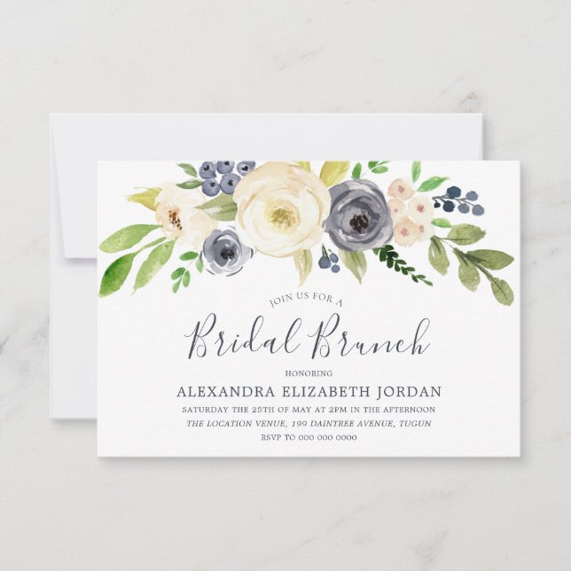 Navy & Champagne Flowers Bridal Shower Brunch Invitation (Front)