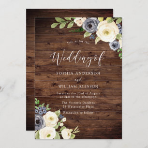 Navy & Champagne Flowers Rustic Wedding Invitation