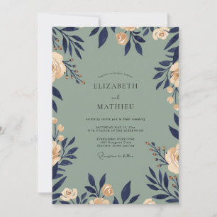 Navy Champagne Foliage Eucalyptus Wedding Invitation
