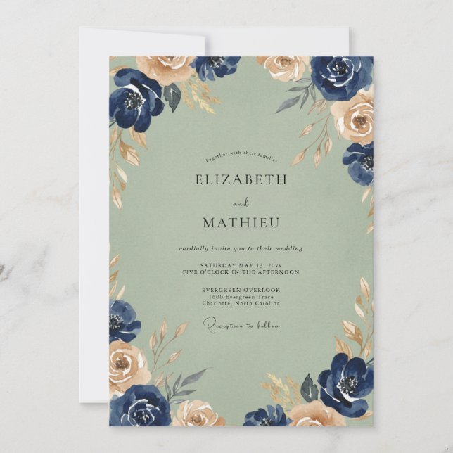 Navy Champagne Ranunculus Eucalyptus Wedding Invitation (Front)