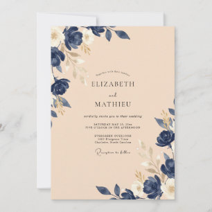 Navy Champagne Rose Wedding Invitation