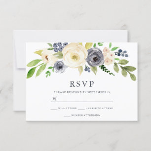 Navy & Champagne Watercolor Flowers Wedding RSVP Card