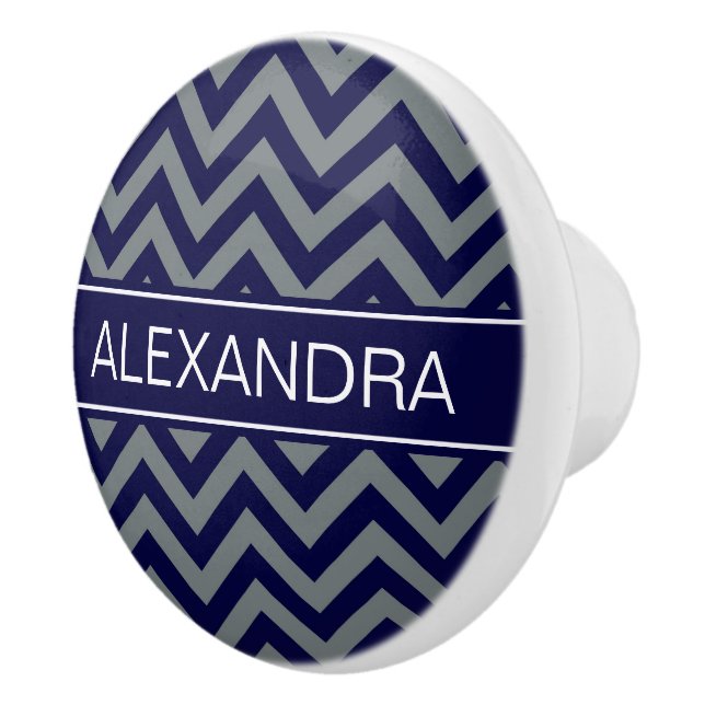 Navy, Charcoal LG Chevron Navy Blue Name Monogram Ceramic Knob (Right)