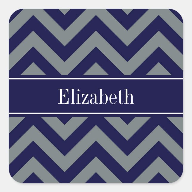 Navy, Charcoal LG Chevron Navy Blue Name Monogram Square Sticker (Front)