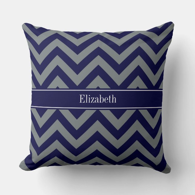 Navy, Charcoal LG Chevron Navy Blue Name Monogram Throw Pillow (Front)