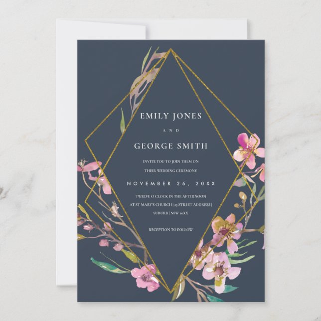NAVY CHERRY BLOSSOM FLORAL FRAME WEDDING INVITE (Front)