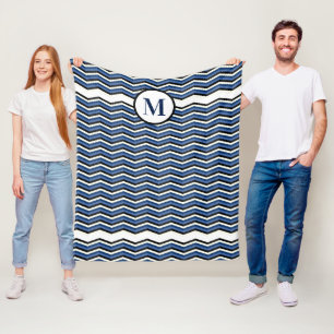 Navy Chevron Blue Grey Nautical Monogram Fleece Blanket