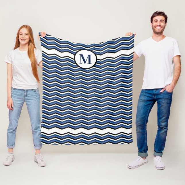Navy Chevron Blue Grey Nautical Monogram Fleece Blanket (In Situ)