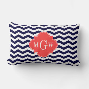 Navy Chevron Coral Red Quatrefoil 3 Monogram Tn Lumbar Pillow