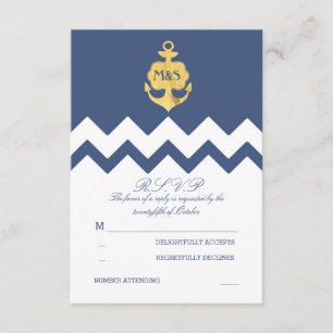 Navy Chevron Gold Foil Anchor Wedding RSVP Cards