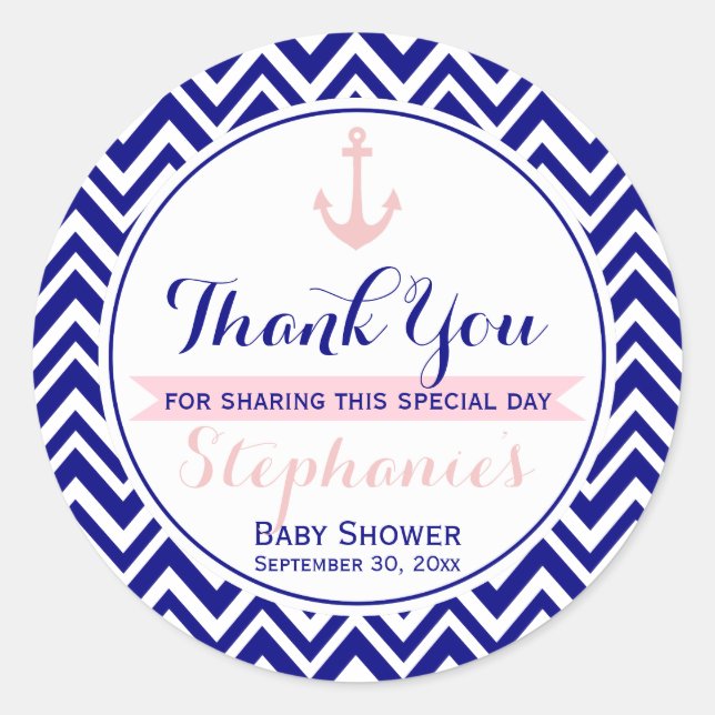Navy Chevron with Baby Pink Nautical Baby Shower Classic Round Sticker (Front)