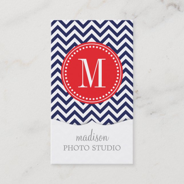 Navy Chevron Zigzag Personalized Monogram Business Card (Front)