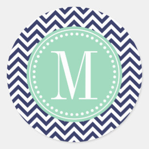 Navy Chevron Zigzag Personalized Monogram Classic Round Sticker