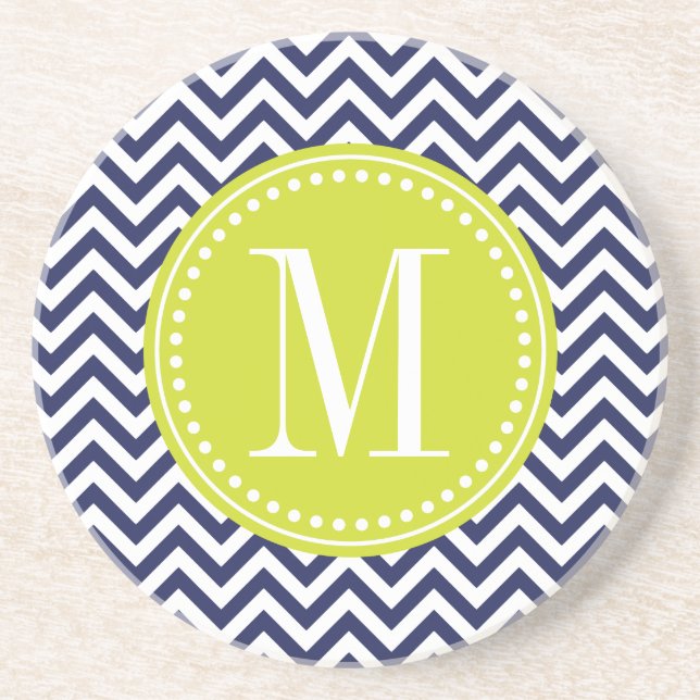 Navy Chevron Zigzag Personalized Monogram Coaster (Front)