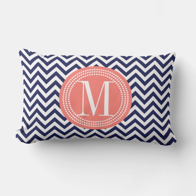 Navy Chevron Zigzag Personalized Monogram Lumbar Pillow (Front)