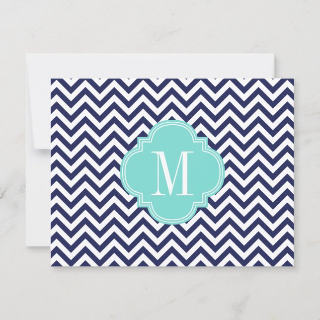Navy Chevron Zigzag Personalized Monogram Note Card (Front)