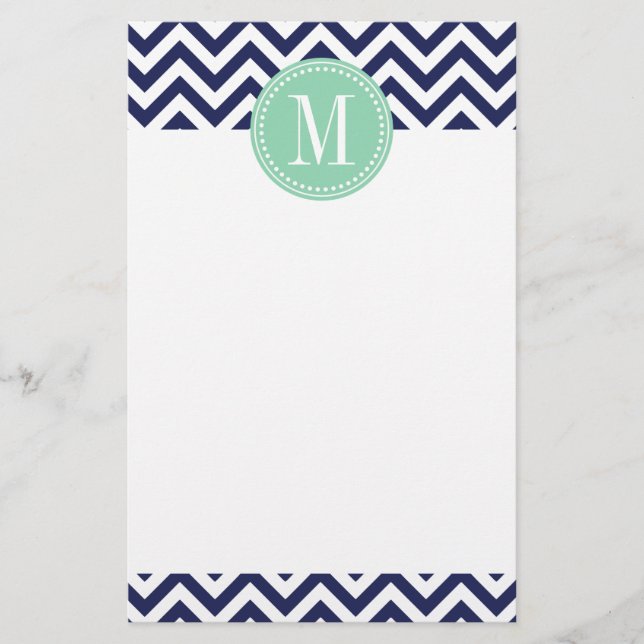 Navy Chevron Zigzag Personalized Monogram Stationery (Front)