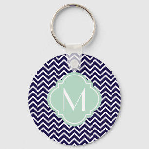 Navy Chevron Zigzag Stripes with Monogram Keychain