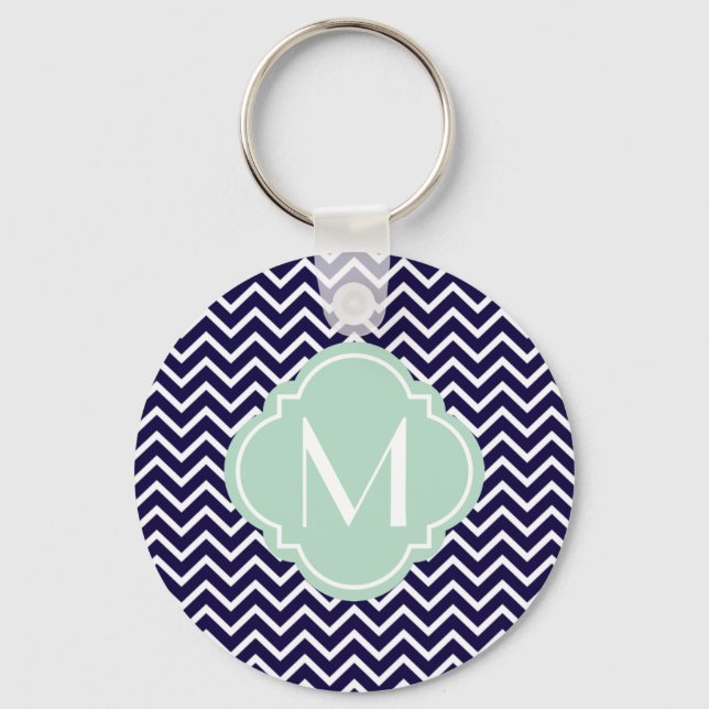 Navy Chevron Zigzag Stripes with Monogram Keychain (Front)