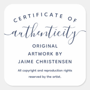 Navy Chic Script Certificate of Authenticity Square Sticker
