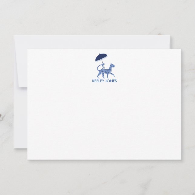 Navy Chinoiserie Cheetah Flat Note Card (Front)