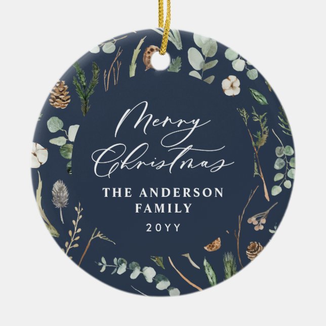 Navy Christmas minimal elegant botanical photo Ceramic Ornament (Front)