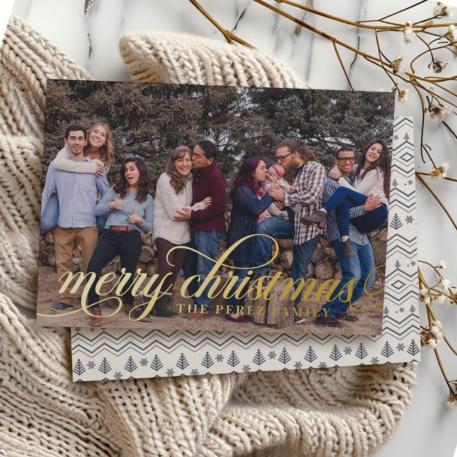 Navy Christmas Pattern Simple Foil Script Card (Creator Uploaded)