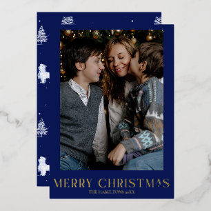 Navy Christmas Photo Gold Foil Winter Toile Foil Holiday Card