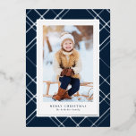 Navy Christmas plaid one photo elegant family Foil Holiday Card<br><div class="desc">Chic and stylish, this one-photo Christmas card is the perfect way to send holiday greetings to friends and family. A silver foil plaid frames a single vertical photo. The two text spots can be customized with your own greeting, name, year or any other message. The back is a matching navy...</div>