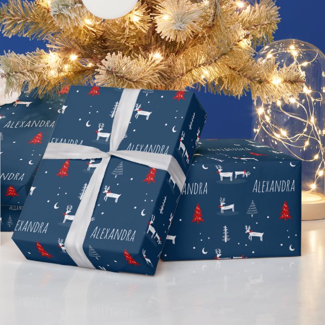Navy Christmas Winter Woodland Custom Name Wrapping Paper (Holidays)