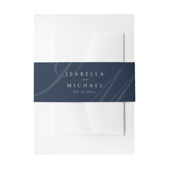 Navy Classic Elegance Calligraphy Monogram Wedding Invitation Belly Band (Front Example)