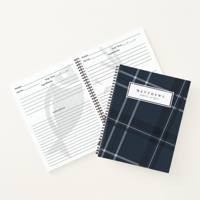 Navy classic plaid personalized family recipe notebook (Inside)