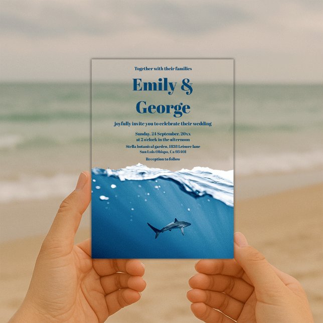 Navy Coastal Under The Sea Shark Beach Wedding Acrylic Invitations (Creator Uploaded)
