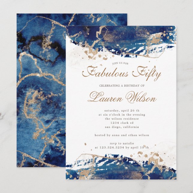 navy coean gold waves fabulous fifty birthday invitation (Front/Back)