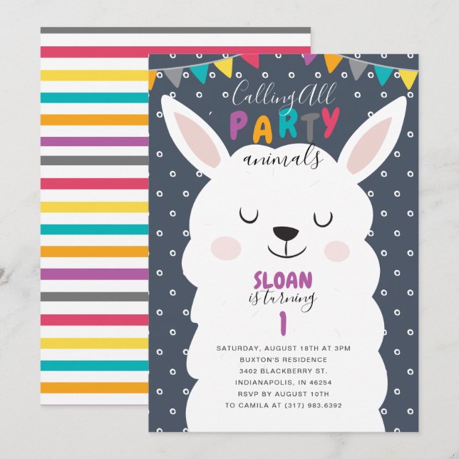Navy Colourful Stripes Lama Fun Birthday Party Invitation (Front/Back)