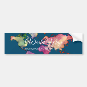 Navy Colourful Watercolor World Map Bumper Sticker