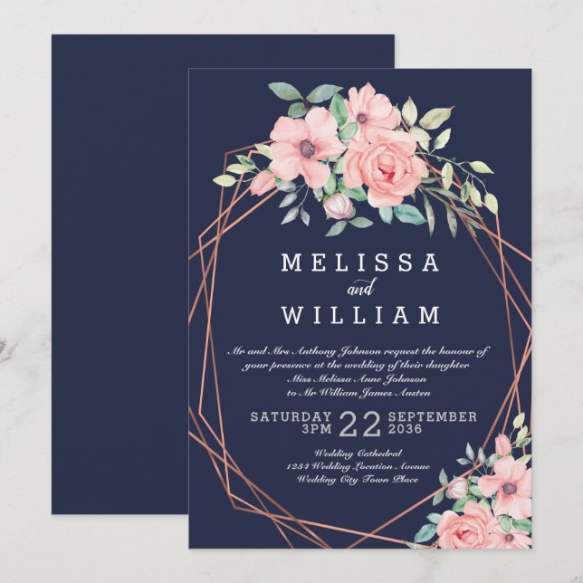 Navy Copper Geometric Floral Watercolor Wedding Invitation (Front/Back)