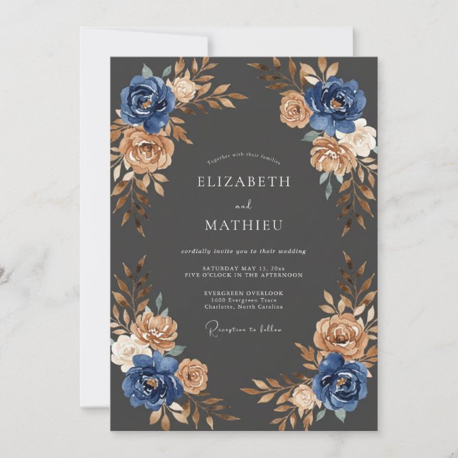 Navy Copper Leafy Wedding Invitation (Front)