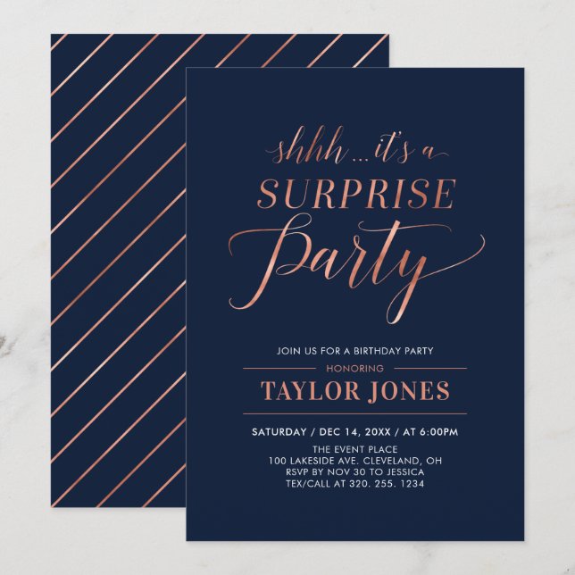 Navy & Copper | Modern Surprise Birthday Party Invitation (Front/Back)