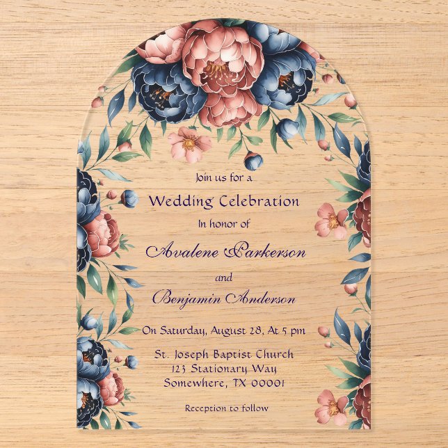 Navy & Copper Peony Wood Wedding Celebration Acrylic Invitations (Front)