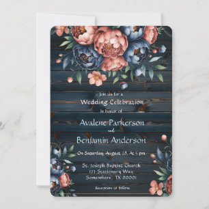 Navy & Copper Peony Wood Wedding Celebration Invitation