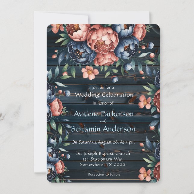 Navy & Copper Peony Wood Wedding Celebration Invitation (Front)