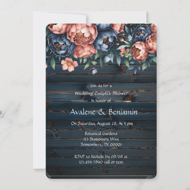 Navy & Copper Peony Wood Wedding Couples Shower Invitation (Front)