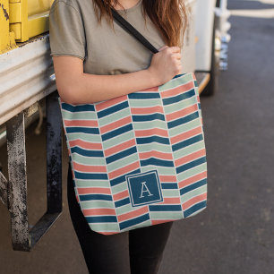 Navy, Coral and Aqua Herringbone Monogram Tote Bag