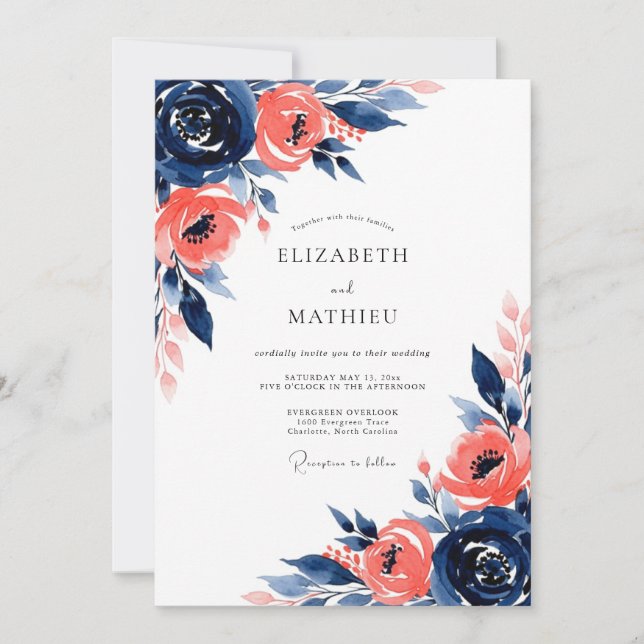 Navy Coral Artistic Bloom Wedding Invitation (Front)